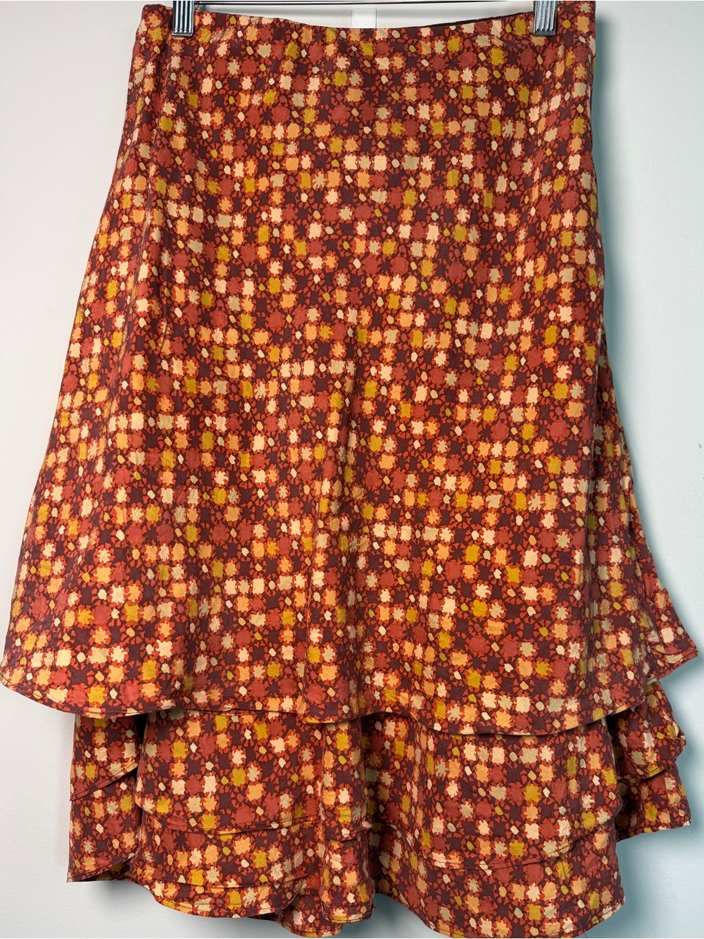 SIGRID OLSEN | Brown Rust Ditsy Floral Silk Tiered Ruffle Midi Skirt Boho Size 4